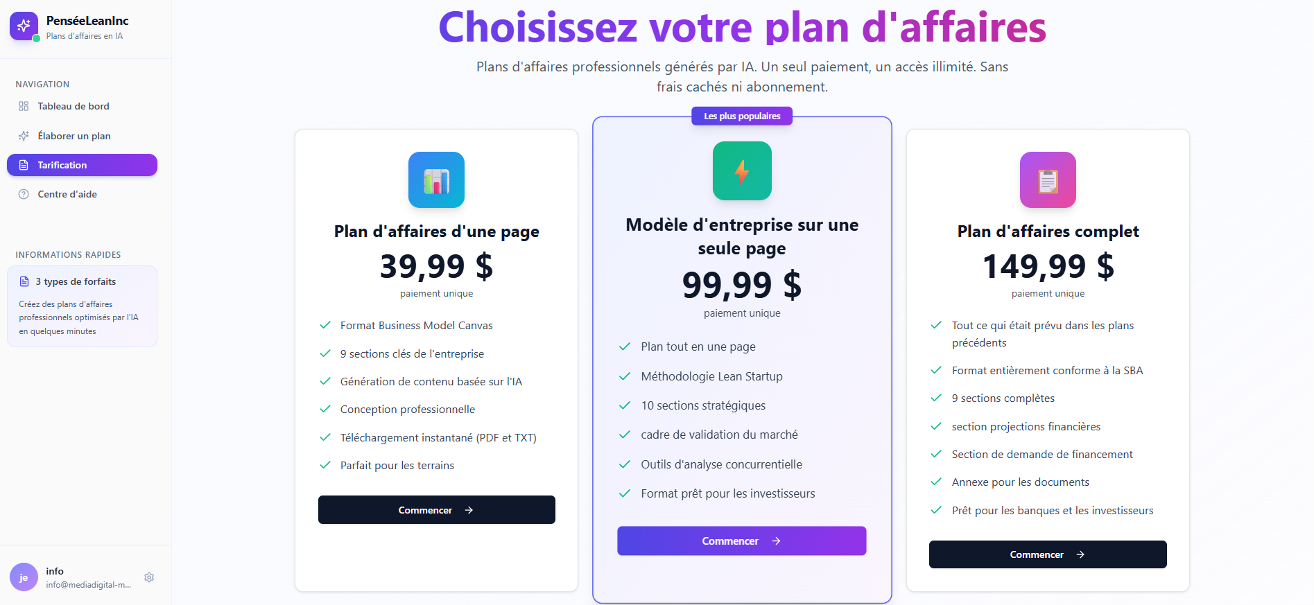 BizPlanAI  - Liste de prix